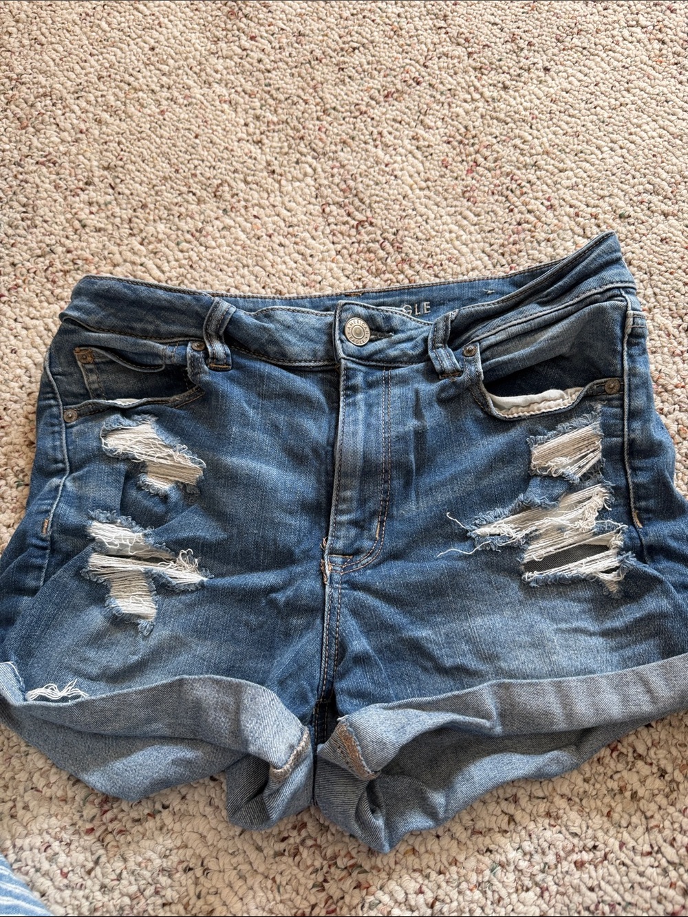 American Eagle Outfitters Ripped Roll-Hem Denim Shorts - Blue